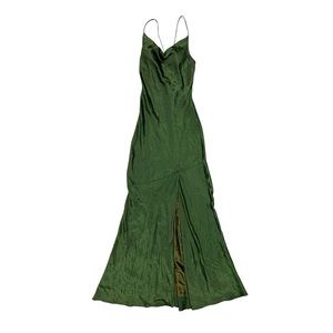 REVELRY Green Satin Spaghetti Strap Tie Back Long Evening Bridesmaids Gown. Sz 8